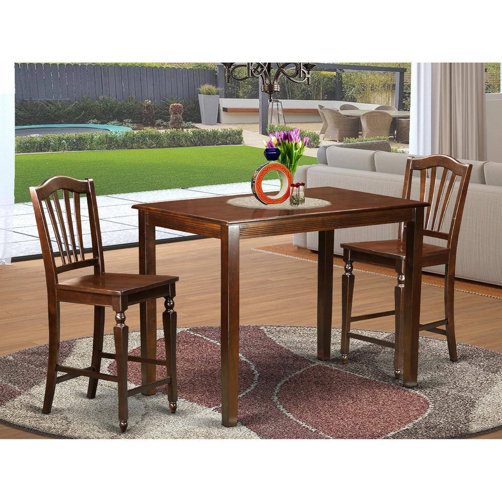 East West Furniture - 3 Pc counter height Dining room set - counter height Table and 2 bar stools - Mahogany