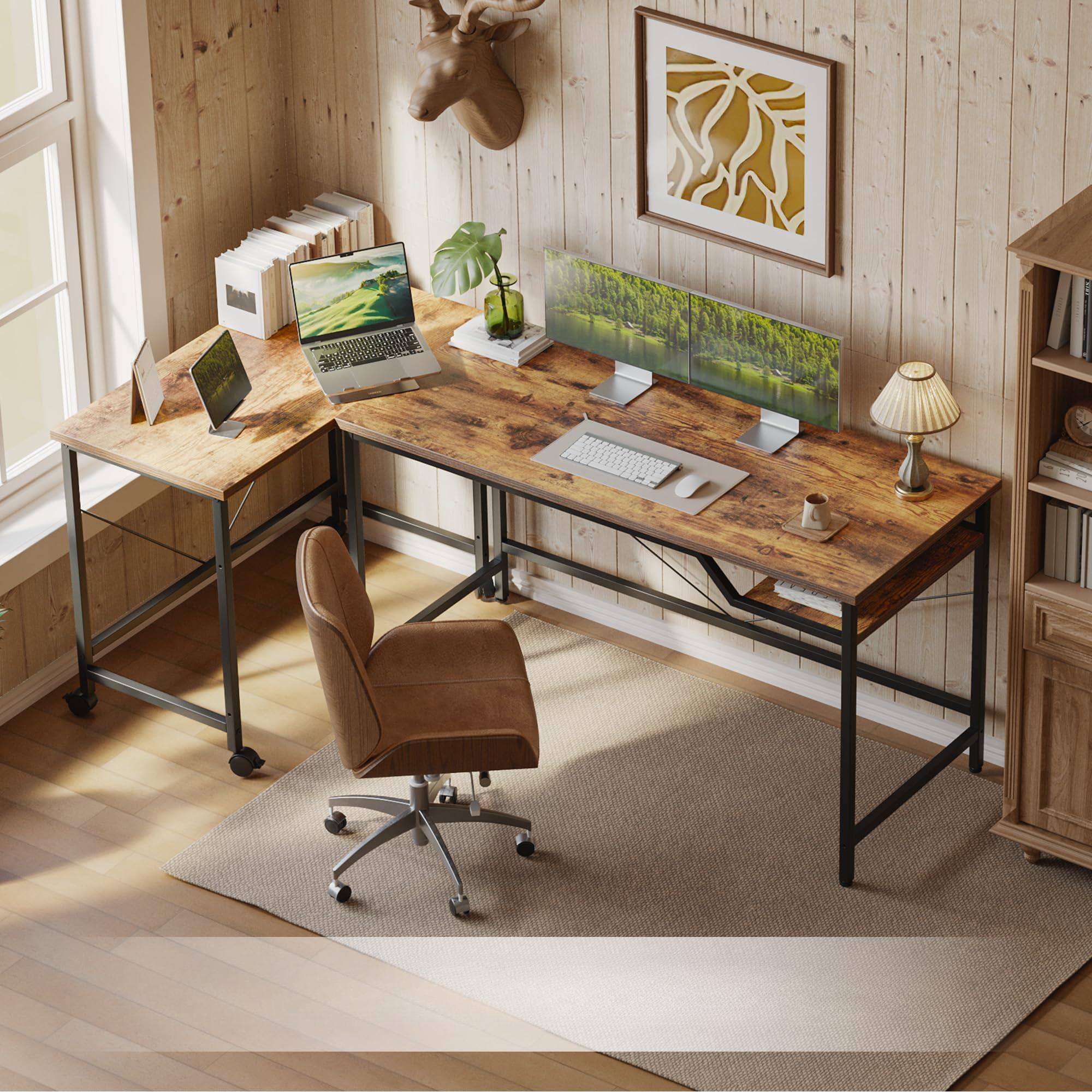 Alt View 3. Hirose Alice - Mericonia L Shaped Desk, Corner Computer Desk with Storage Shelves, Large Home Office Gaming Desk, Spacious... - Caster, Light Antique 40 inch.