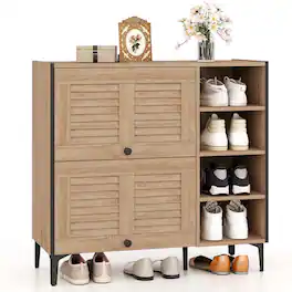 Costway - Shoe Storage Cabinet with Flip Doors Adjustable and Removable Shelves for Entryway - Oak
