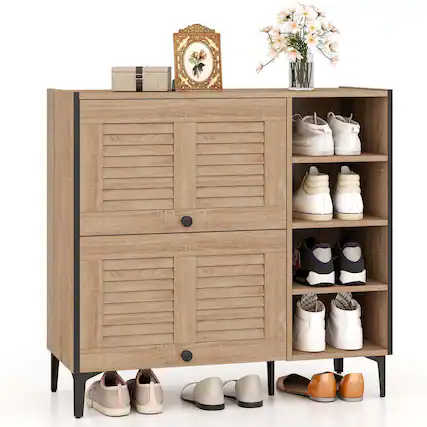 Front. Costway - Shoe Storage Cabinet with Flip Doors Adjustable and Removable Shelves for Entryway - Oak.
