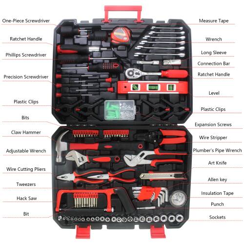 One-Piece Screwdriver  
Ratchet Handle  
Phillips Screwdriver  
Precision Screwdriver  
Plastic Clips  
Bits  
Claw Hammer  
Adjustable Wrench  
Wire Cutting Pliers  
Tweezers  
Hack Saw  
Allen key  
Insulation Tape  
Punch  
Sockets  

Measure Tape  
Wrench  
Long Sleeve  
Connection Bar  
Ratchet Handle  
Level  
Plastic Clips  
Expansion Screws  
Wire Stripper  
Plumber's Pipe Wrench  
Art Knife
