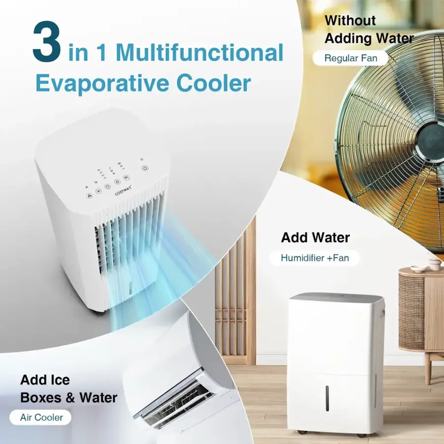 The text on the image is grouped and corrected as follows:

1. 3 in 1 Multifunctional Evaporative Cooler: This appliance combines three functions - evaporative cooling, humidification, and regular fan - into one unit.
2. Add Water Humidifier + Fan: This appliance adds humidity to the air while also providing cooling and regular fan functions.
3. Add Ice Boxes & Water: This appliance allows users to add ice to the water to create a cooling effect, in addition to the regular fan function.
4. Air Cooler: This appliance is designed to cool the air using evaporative cooling technology.