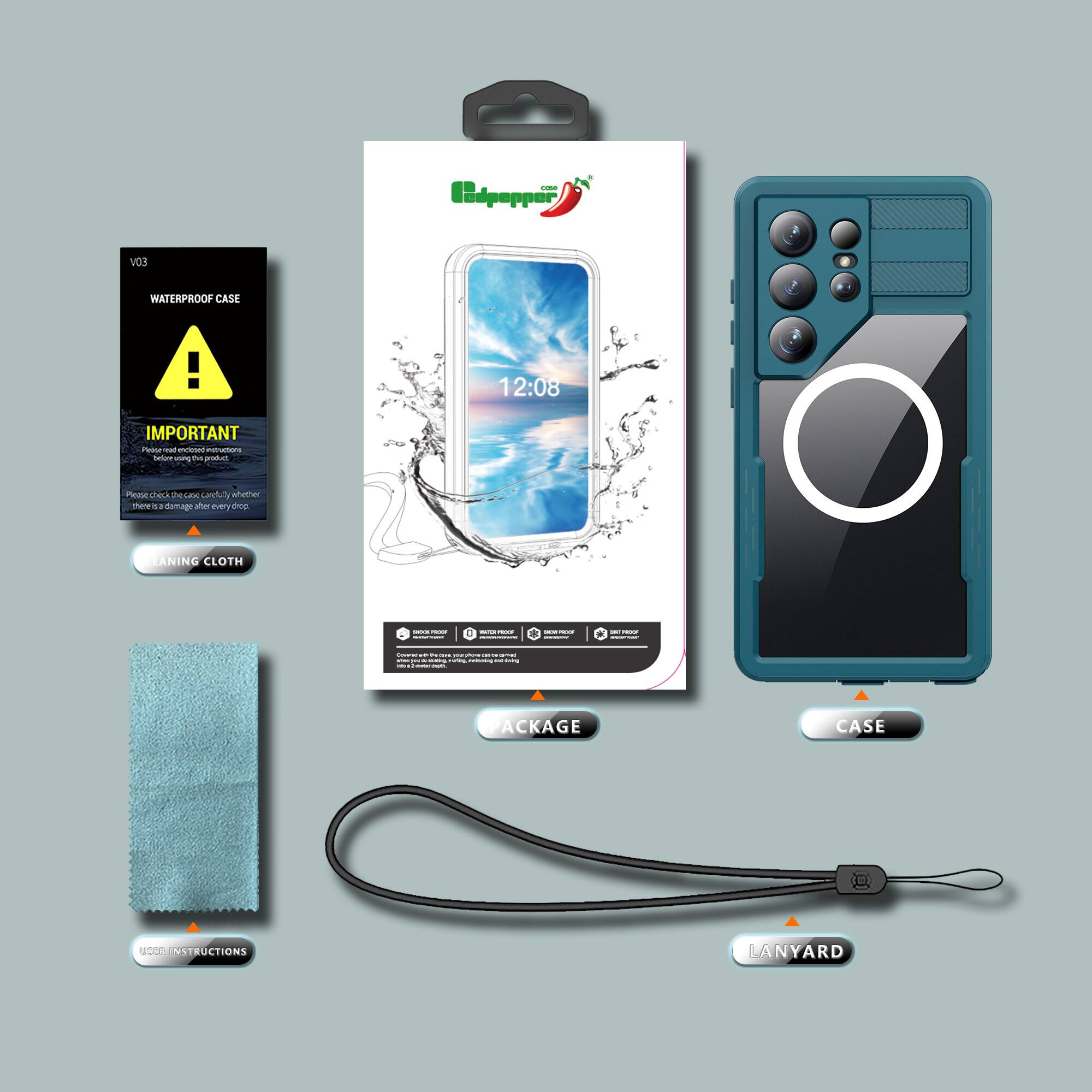 i Pdpepper vOs WATERPROOF CASE

12:08

IMPORTANT
Please read important instructions
Please check the base case carefully before use
There is a damage after every drop

CLEANING CLOTH

PACKAGE

INSTRUCTIONS

LANYARD

CASE