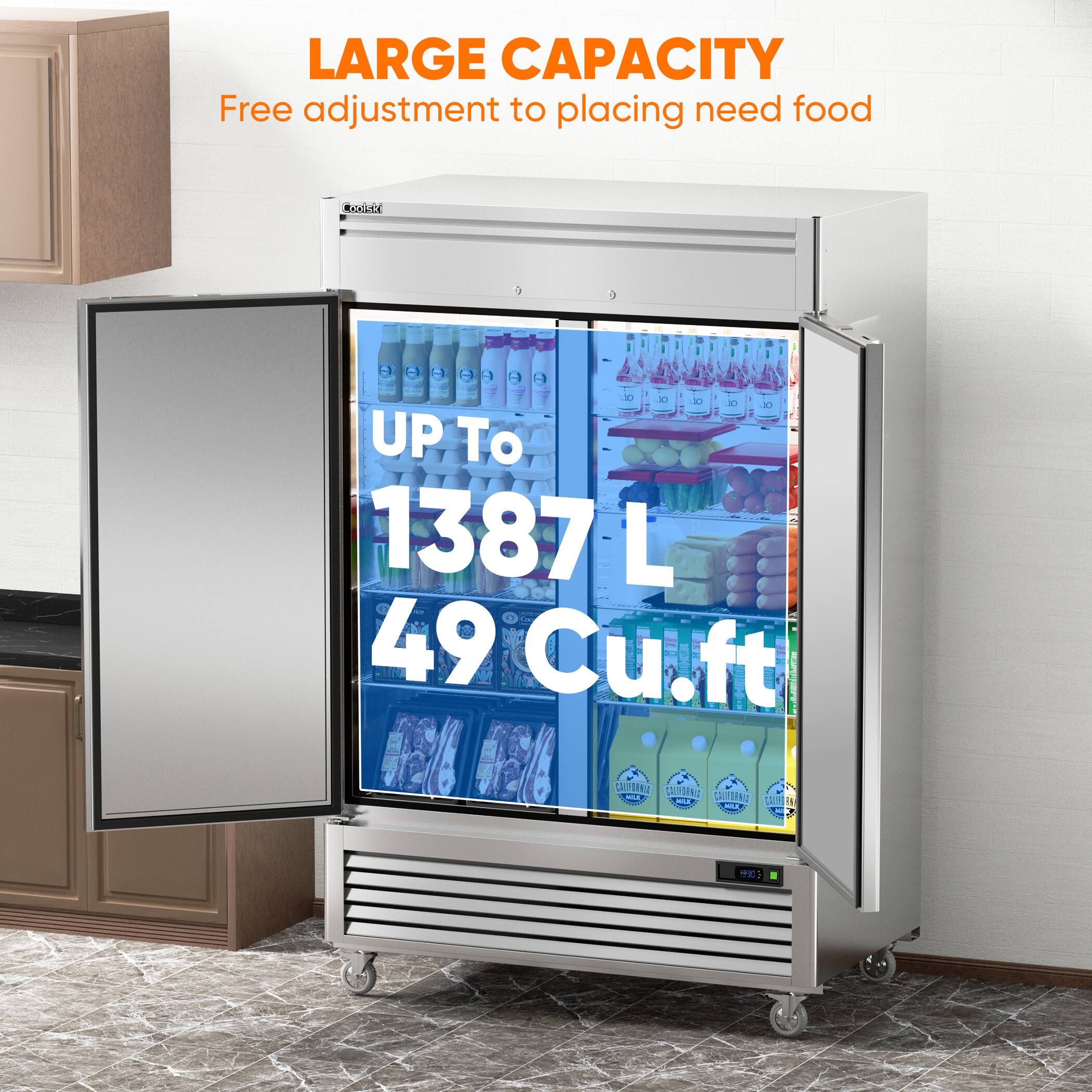 LARGE CAPACITY  
Free adjustment to placing need food  

UP TO  
1387 L  
49 Cu.ft