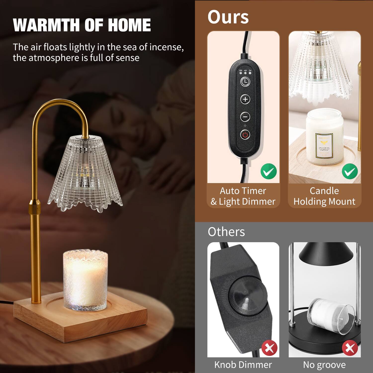 **WARMTH OF HOME**

The air floats lightly in the sea of incense, the atmosphere is full of sense

**Ours**

- Auto Timer & Light Dimmer
- Candle Holding Mount

**Others**

- Knob Dimmer
- No groove
