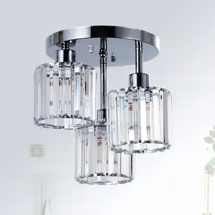 Front. LUCKY ONE - 10.6in Semi Flush Mount Crystal Ceiling Light, 3-Light Fixture for Kitchen Hallway Bedroom Bathroom - Silver.