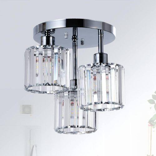 Front. LUCKY ONE - 10.6in Semi Flush Mount Crystal Ceiling Light, 3-Light Fixture for Kitchen Hallway Bedroom Bathroom - Silver.