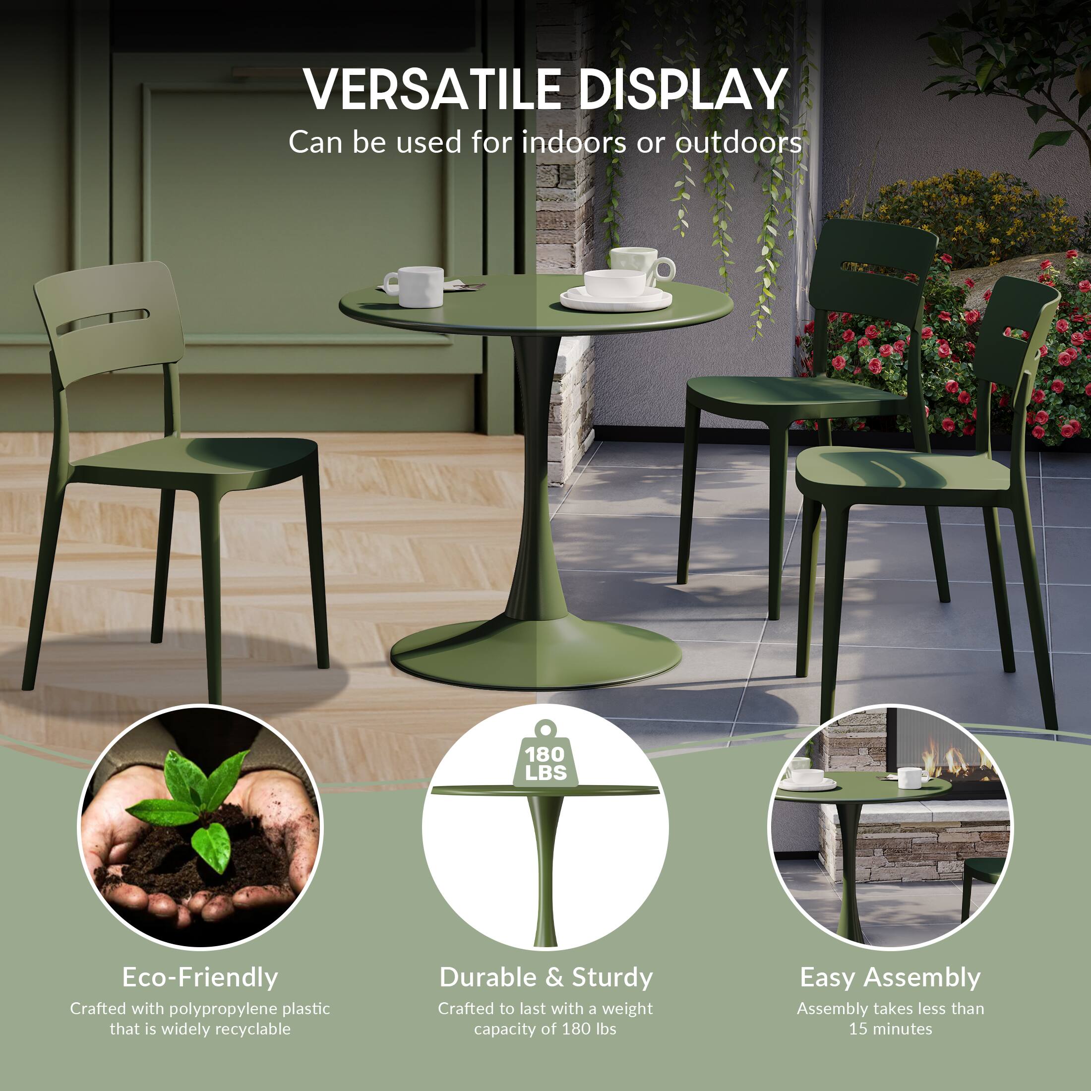 VERSATILE DISPLAY  
Can be used for indoors or outdoors  

180 LBS  
Eco-Friendly  
Crafted with polypropylene plastic that is widely recyclable  

Durable & Sturdy  
Crafted to last with a weight capacity of 180 lbs  

Easy Assembly  
Assembly takes less than 15 minutes