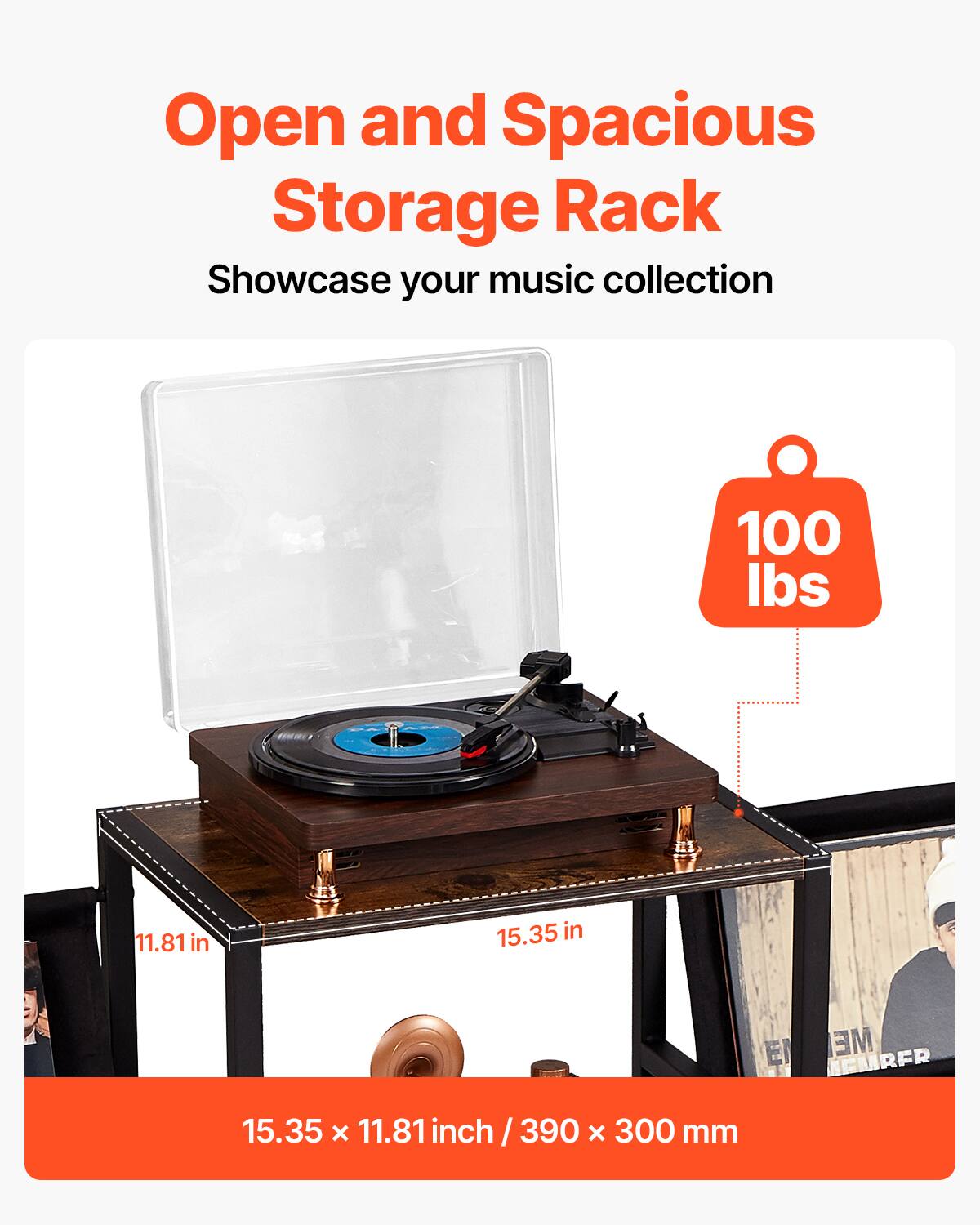 Open and Spacious Storage Rack  
Showcase your music collection  

100 lbs  

15.35 in x 11.81 in / 390 x 300 mm