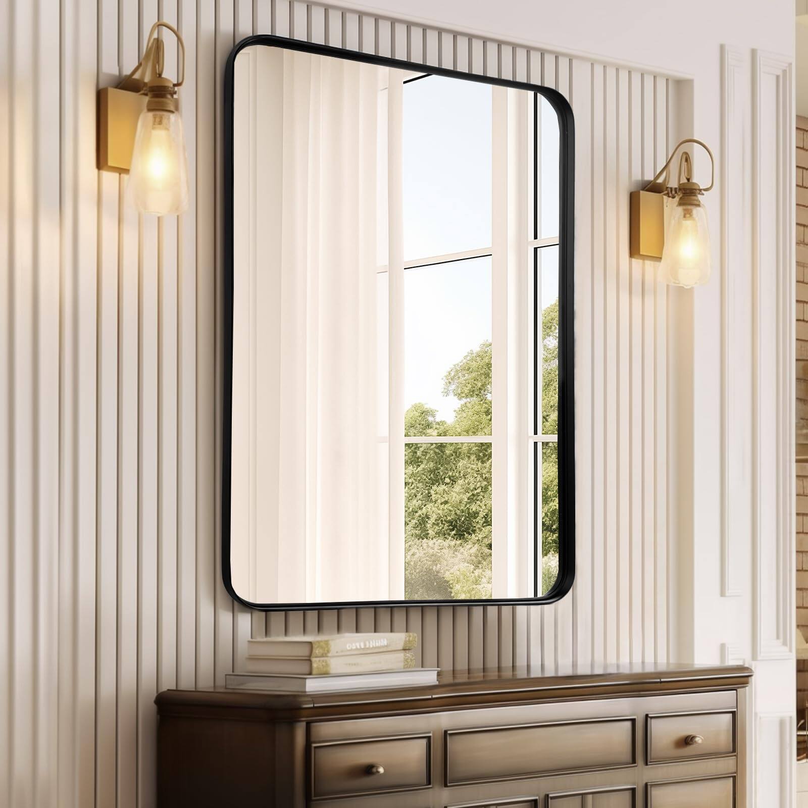Alt View 3. METALTON - Bathroom Mirror Over Sink Framed Matte Vanity Wall Mounted Decor For Living Room Restroom Entryway Hangs Ve - Gold 24"L x 36"W.