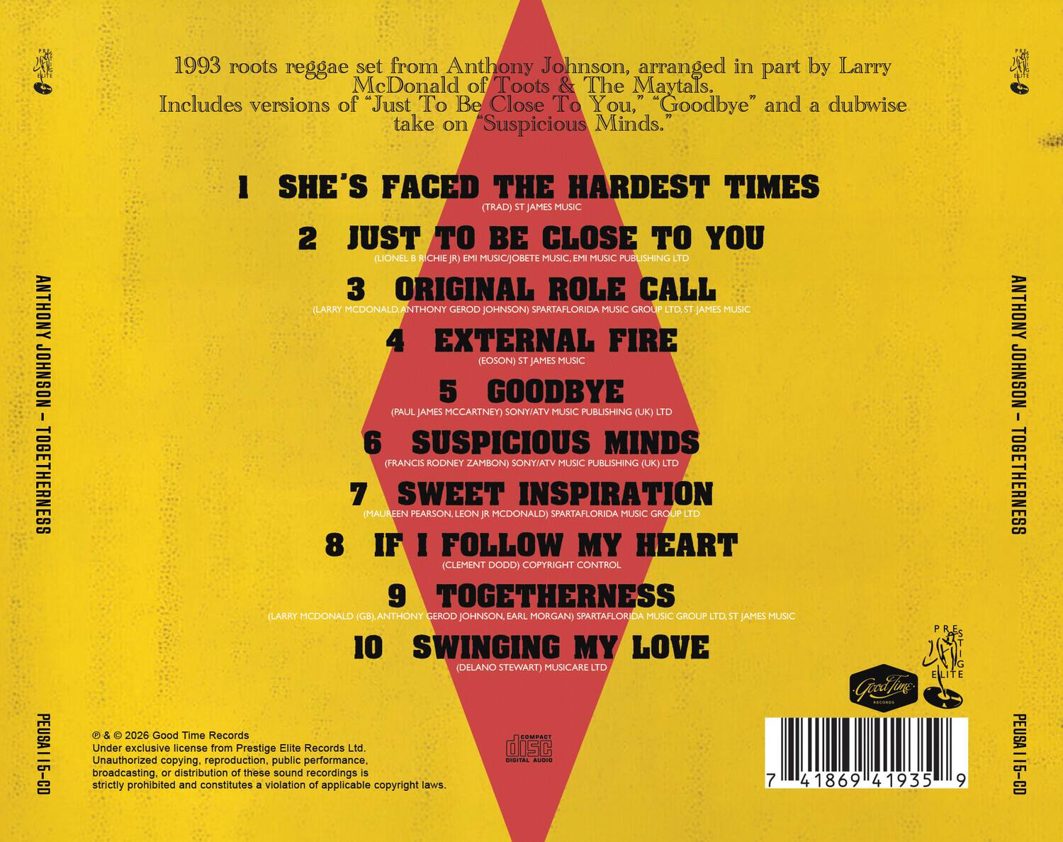 1993 roots reggae set from Anthony Johnson, arranged in part by Larry McDonald of Toots & The Maytals. Includes versions of "Just To Be Close To You," "Goodbye" and a dubwise take on "Suspicious Minds."

1. SHE'S FACED THE HARDEST TIMES (TRAD) ST JAMES MUSIC
2. JUST TO BE CLOSE TO YOU (LIONEL B. RICHIE JR) EMI MUSIC/JOBETE MUSIC, EMI MUSIC PUBLISHING LTD
3. ORIGINAL ROLE CALL (LARRY MCDONALD, ANTHONY GEROD JOHNSON) SPARTAFLORIDA MUSIC GROUP LTD, ST JAMES MUSIC
4. EXTERNAL FIRE (EOSON) ST JAMES MUSIC
5. GOODBYE (PAUL JAMES MCCARTNEY) SONY/ATV MUSIC PUBLISHING (UK) LTD
6. SUSPICIOUS MINDS (FRANCIS RODNEY ZAMBON) SONY/ATV MUSIC PUBLISHING (UK) LTD
7. SWEET INSPIRATION (MAUREEN PEARSON, LEON JR MCDONALD) SPARTAFLORIDA MUSIC GROUP
