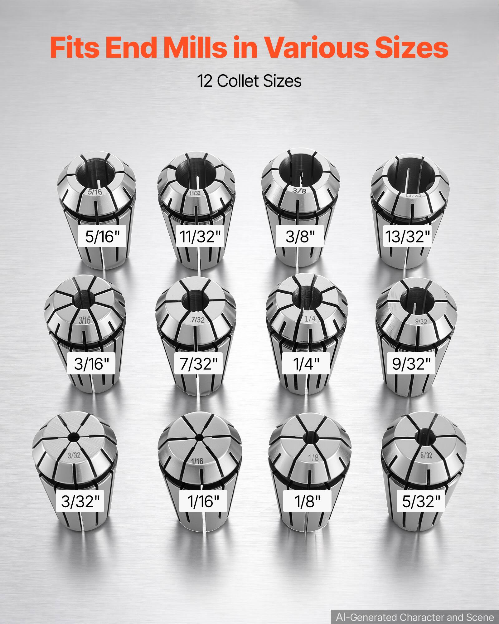 Fits End Mills in Various Sizes  
12 Collet Sizes

5/16"  
11/32"  
3/8"  
13/32"  
3/16"  
7/32"  
1/4"  
9/32"  
3/32"  
1/16"  
1/8"  
5/32"