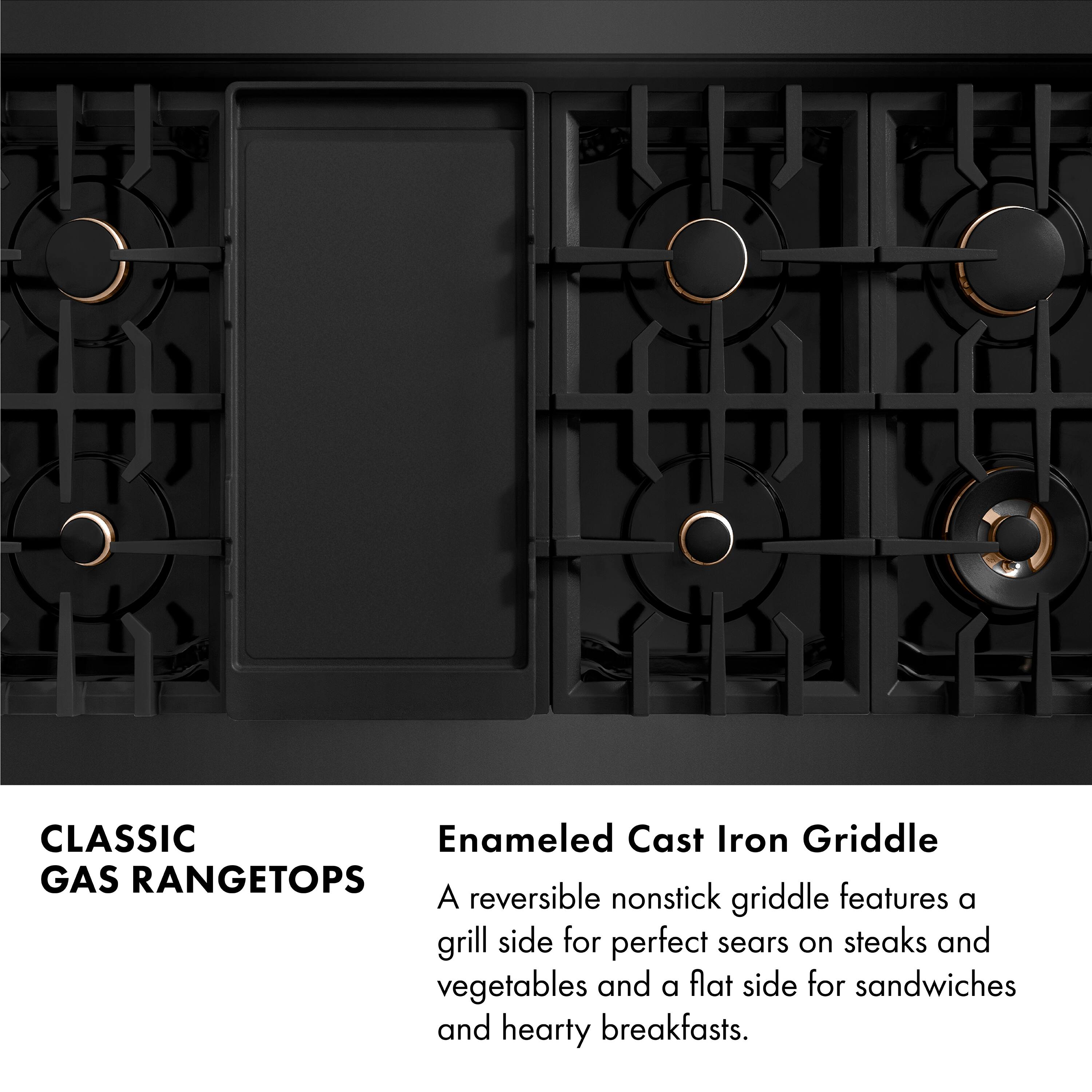 CLASSIC GAS RANGETOPS

Enamel Cast Iron Griddle

A reversible nonstick griddle features a grill side for perfect sears on steaks and vegetables and a flat side for sandwiches and hearty breakfasts.