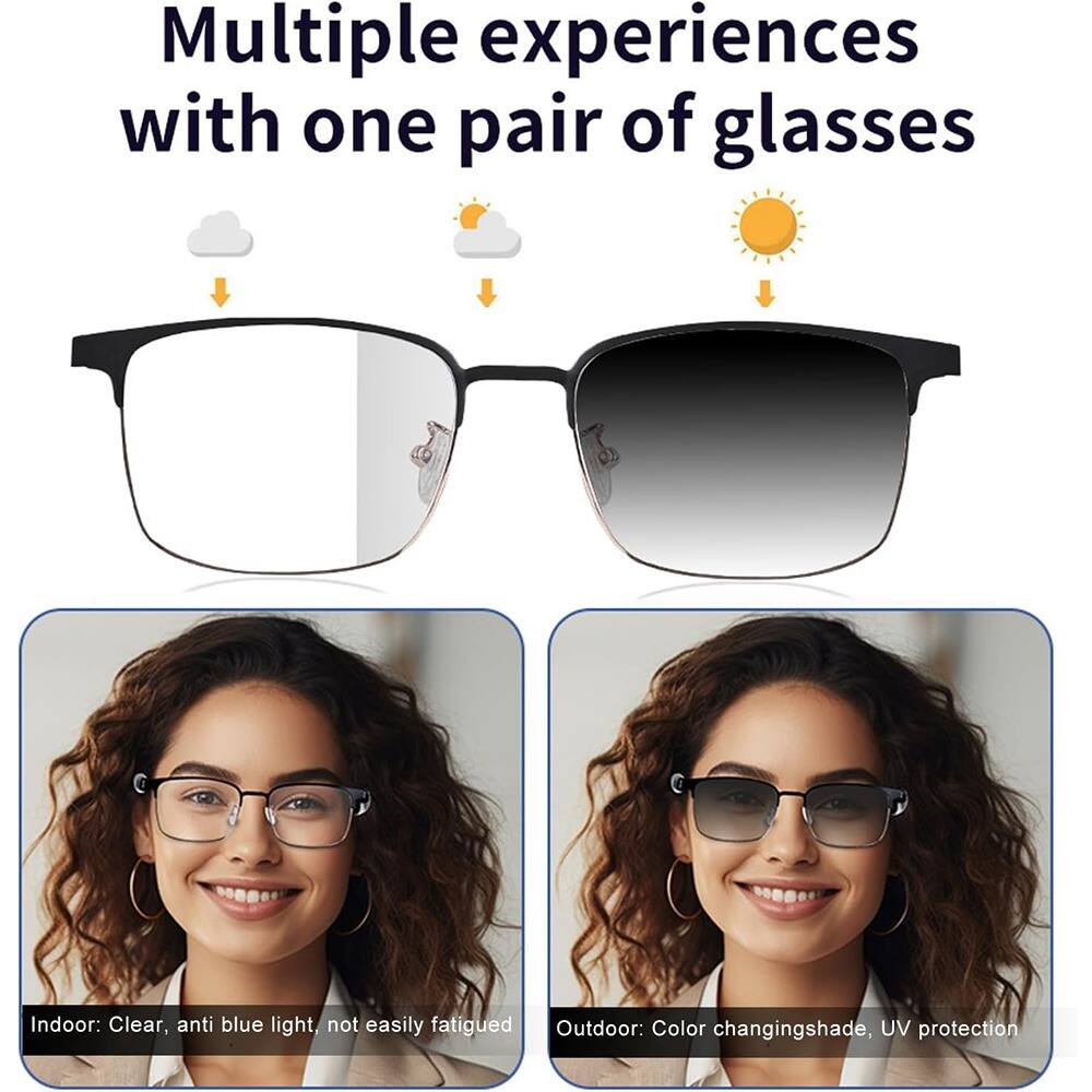 Multiple experiences with one pair of glasses

Indoor: Clear, anti blue light, not easily fatigued

Outdoor: Color changingshade, UV protection