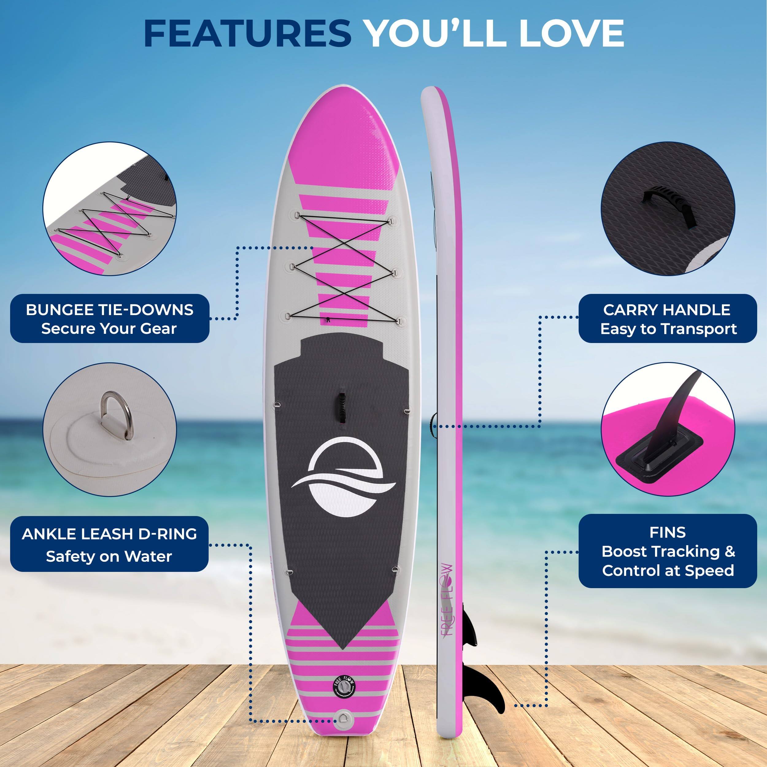 FEATURES YOU'LL LOVE

- BUNGEE TIE-DOWNS Secure Your Gear
- CARRY HANDLE Easy to Transport
- ANKLE LEASH D-RING Safety on Water
- FINS Boost Tracking & Control at Speed