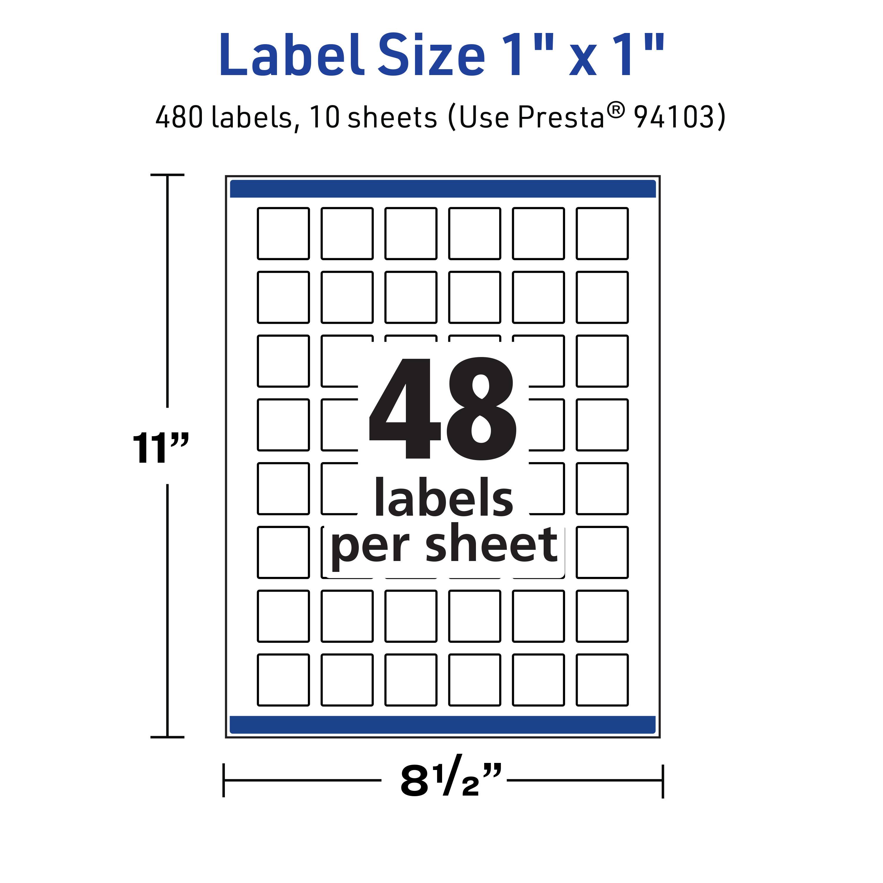 Label Size 1" x 1"  
480 labels, 10 sheets (Use Presta® 94103)  
11" x 8½"  
48 labels per sheet