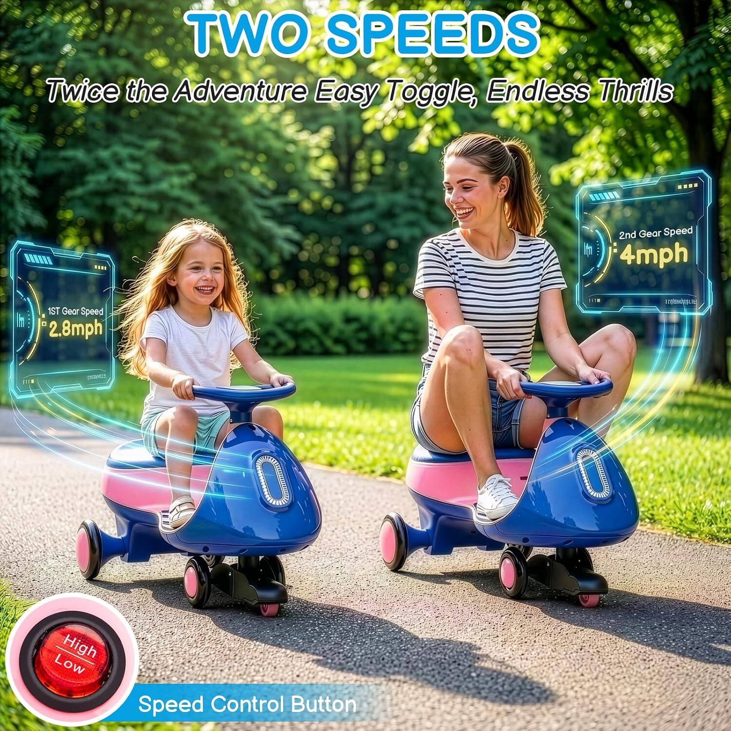 TWO SPEEDS  
Twice the Adventure Easy Toggle, Endless Thrills  

1ST Gear Speed 0-2.8mph  
2nd Gear Speed 4mph  

Low High  
Speed Control Button