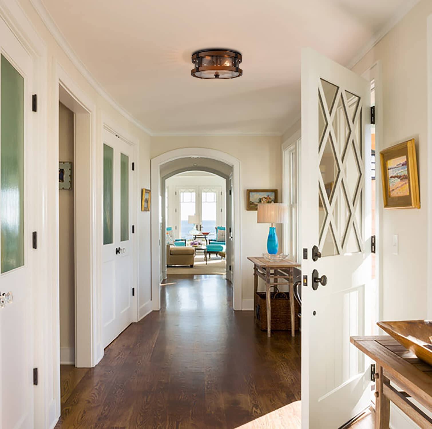 Back. MOOSE - Farmhouse Clear Seeded Glass Ceiling Light Fixture Black+Rustic Wood Grain Finish - Black.