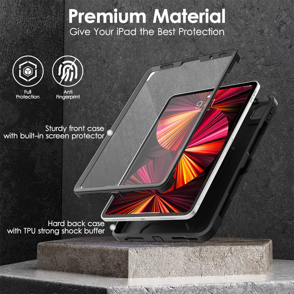 Premium Material  
Give Your iPad the Best Protection  

- Full Protection  
- Anti Fingerprint  

Sturdy front case with built-in screen protector  

Hard back case with TPU strong shock buffer