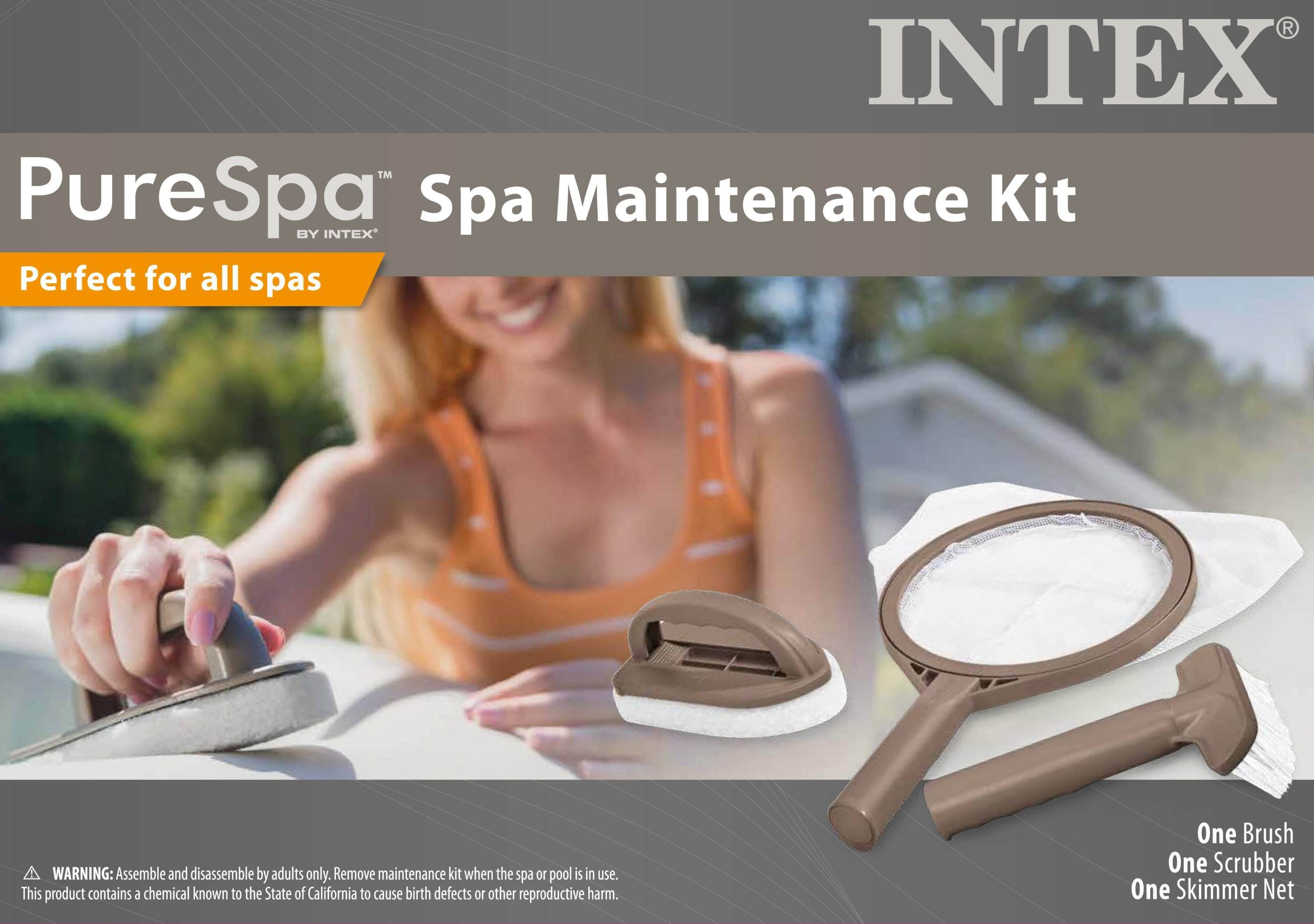 INTEX PureSpa Spa Maintenance Kit BY INTEX  
Perfect for all spas  

WARNING: Assemble and disassemble by adults only. Remove maintenance kit when the spa or pool is in use. This product contains a chemical known to the State of California to cause birth defects or other reproductive harm.  

One Brush  
One Scrubber  
One Skimmer Net