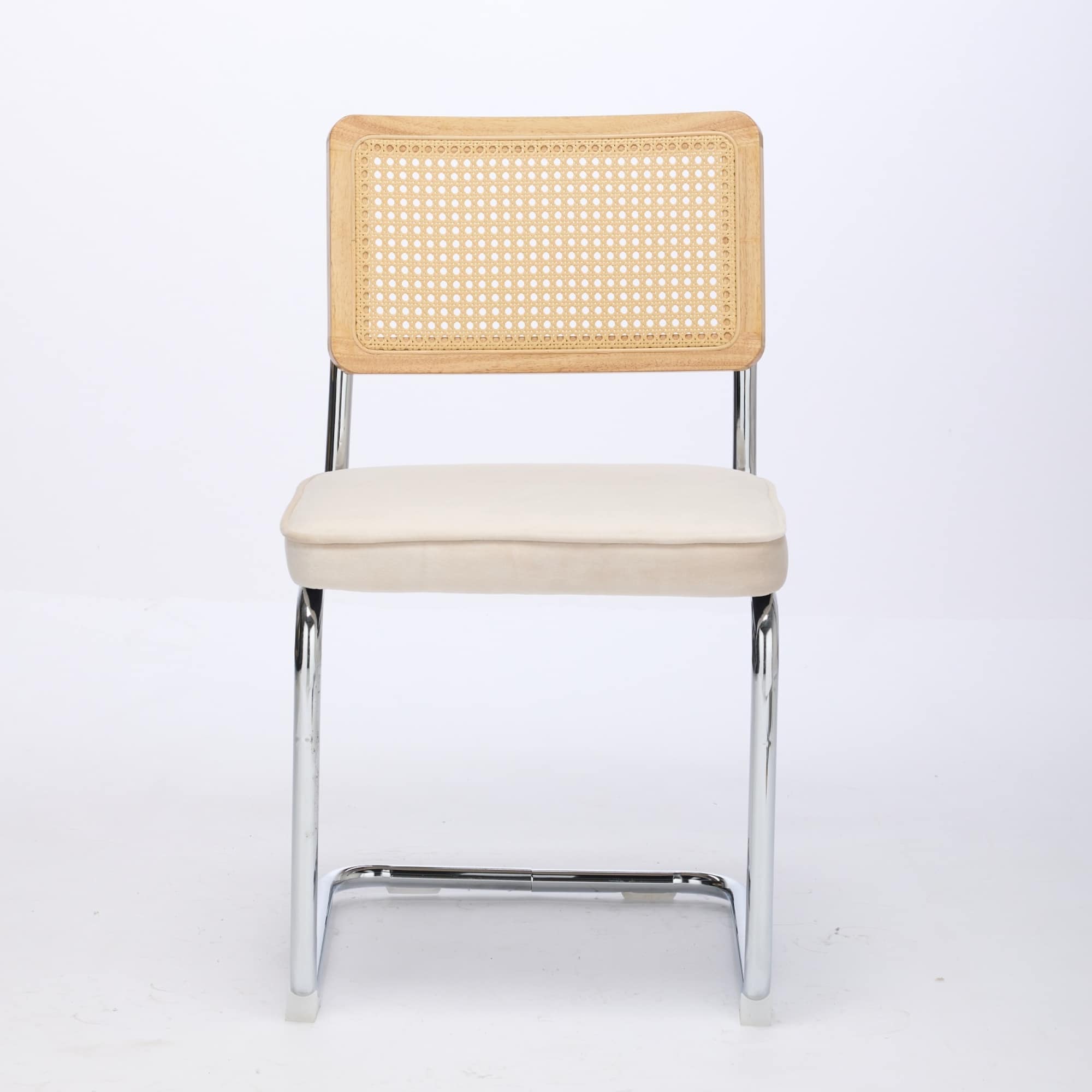 GOODSILO - Mid Century Modern Dining Chairs Set of Two with Velvet Upholstery and Cane Back - Beige