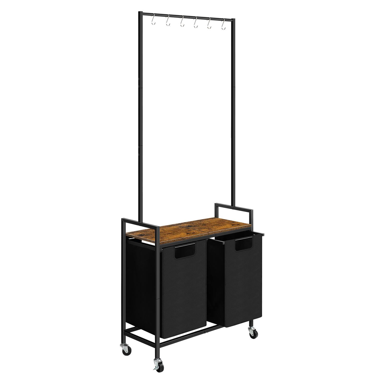 Angle. Oumilen - 2-Bag Rolling Laundry Hamper with Clothes Rack – Metal Garment Rack with Hooks & Removable Bags,Brown - Brown.