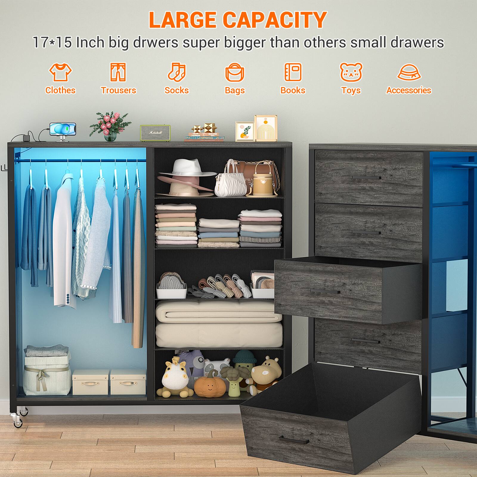 LARGE CAPACITY  
17*15 Inch big drawers super bigger than others small drawers  
Clothes  
Trousers  
Socks  
Bags  
Books  
Toys  
Accessories