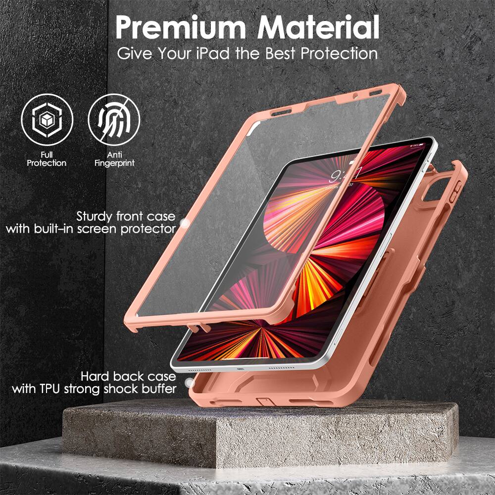Premium Material  
Give Your iPad the Best Protection  

- Full Protection  
- Anti Fingerprint  

Sturdy front case with built-in screen protector  

Hard back case with TPU strong shock buffer