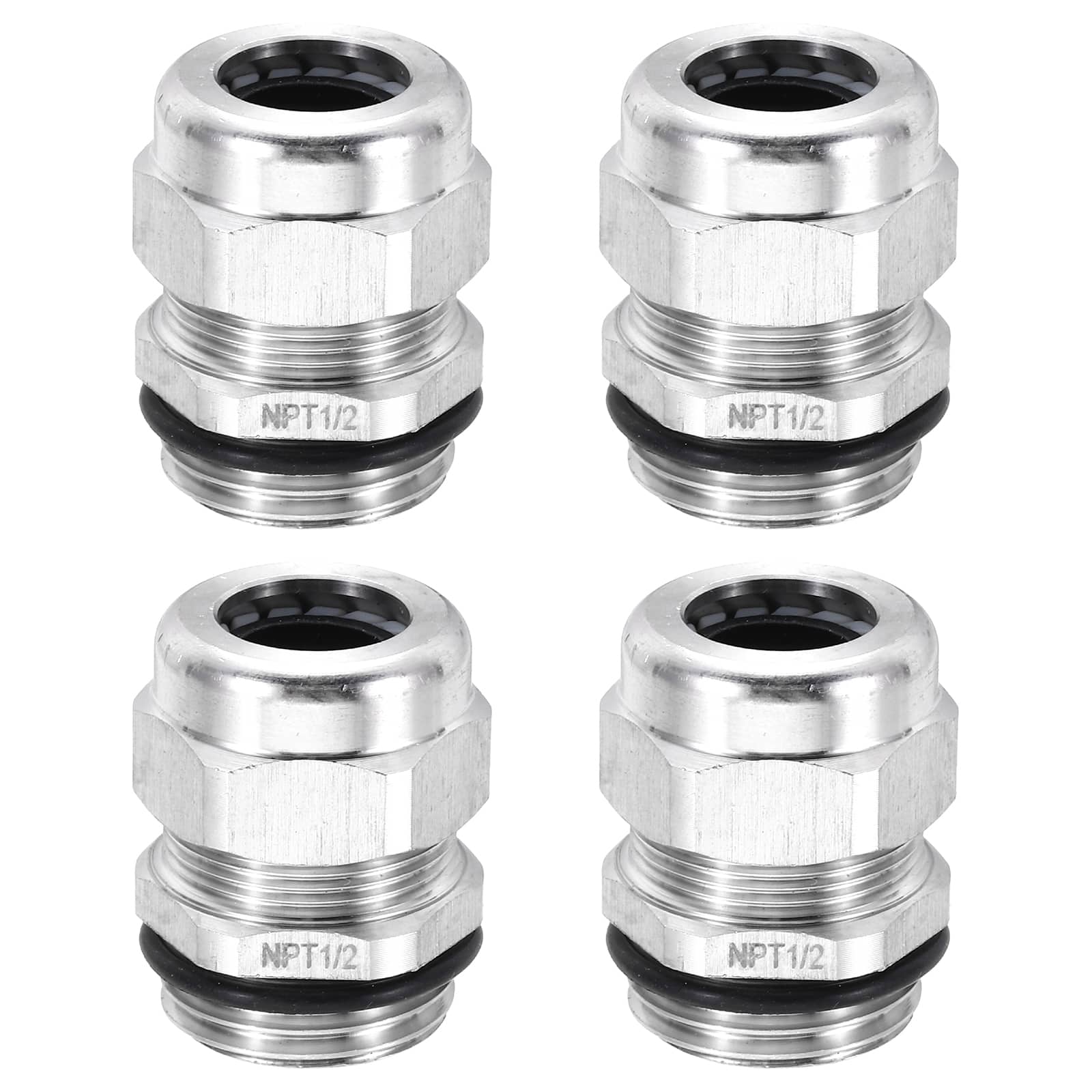 Unique Bargains - 1/2" NPT Cable Gland, IP68 Waterproof Strain Relief, 304 Stainless Steel, for 6-12mm Wire, 4pcs - Silver