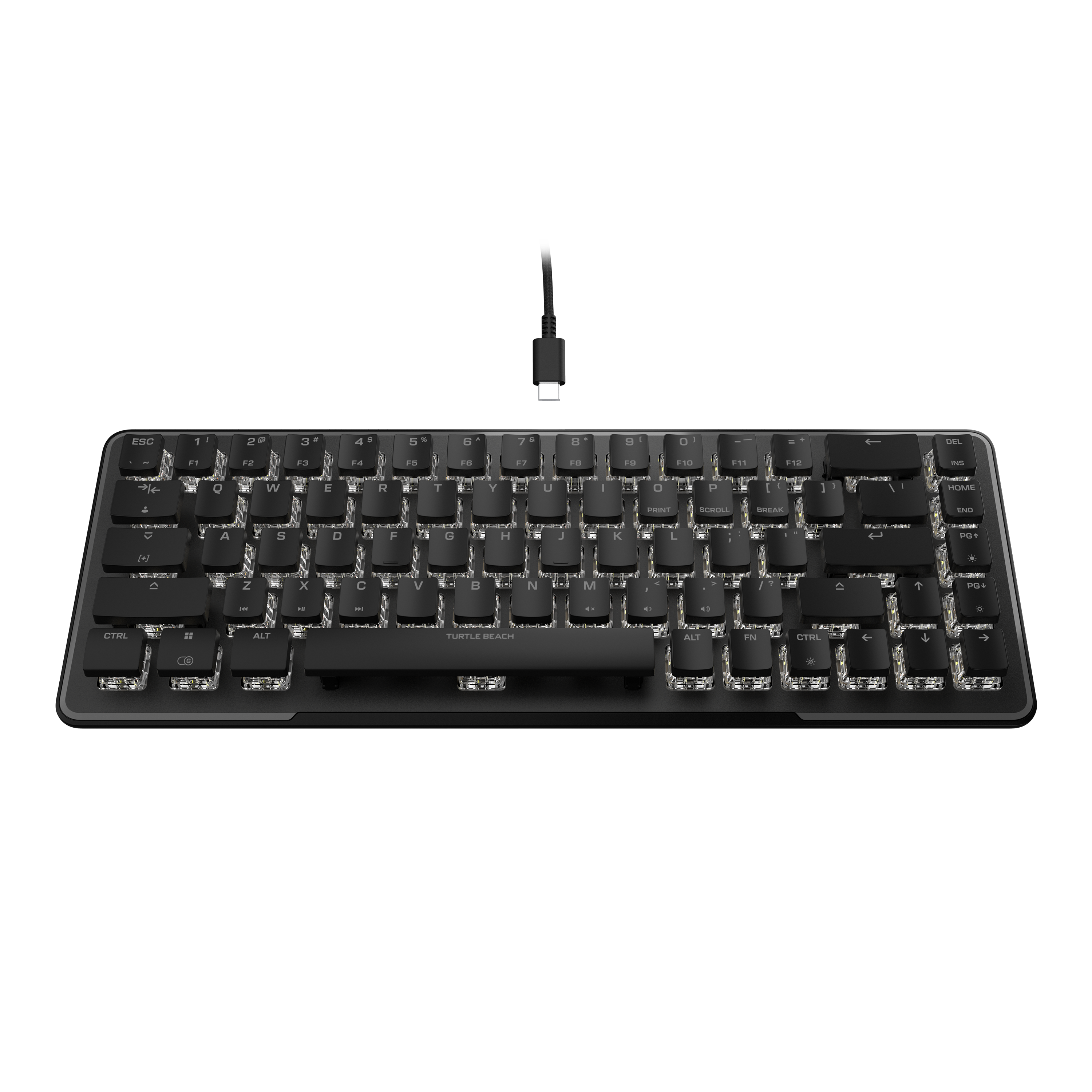 ESC 1 2 3 4 5 6 7 8 9 0 - = DEL F1 F2 F3 F4 F5 F6 F7 F8 F9 F10 F11 F12  
Q W E R T Y U I O P [ ] \  
A S D F G H J K L ; '  
Z X C V B N M , . /  
CTRL ALT TURTLE BEACH  
SPACE  
ALT FN CTRL  
PG UP PG DN  
HOME END  
PRINT SCROLL BREAK  
TURTLE BEACH