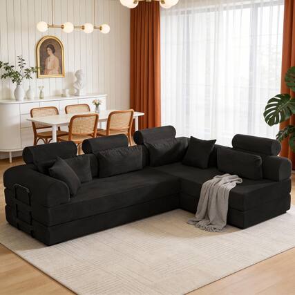 Front. Anysun - L-Shape Corduroy Modular Sectional Sofa - Minimalist Compressed Design, Unfolds into Bed, Space-Efficient - Black.