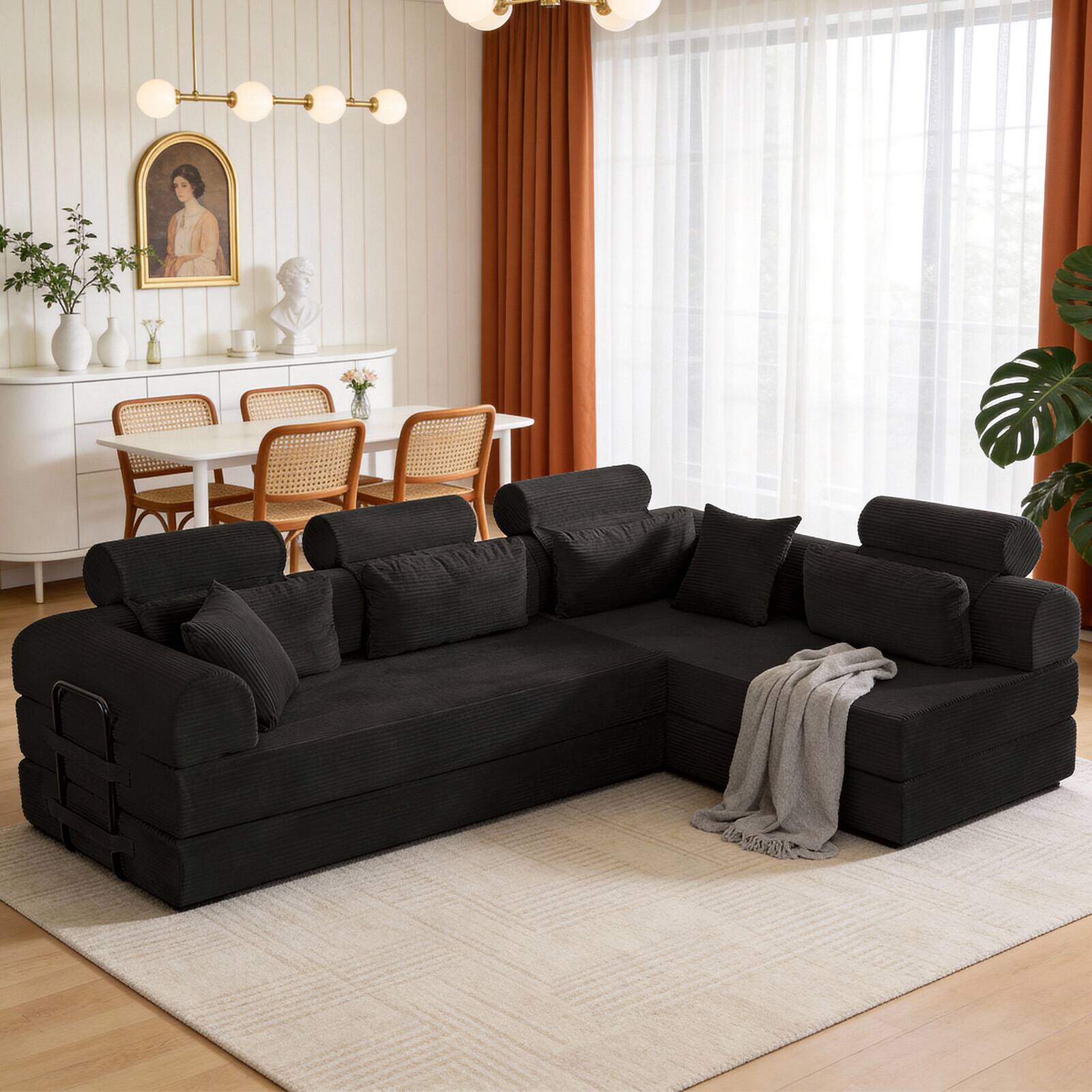 Front. Anysun - L-Shape Corduroy Modular Sectional Sofa - Minimalist Compressed Design, Unfolds into Bed, Space-Efficient - Black.