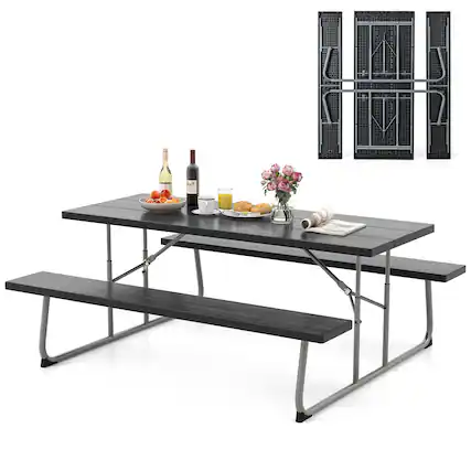 Front. Gymax - Gymax Folding Picnic Table w/ 2 Benches 6 FT Camping Table Set w/ Metal Frame - Black.