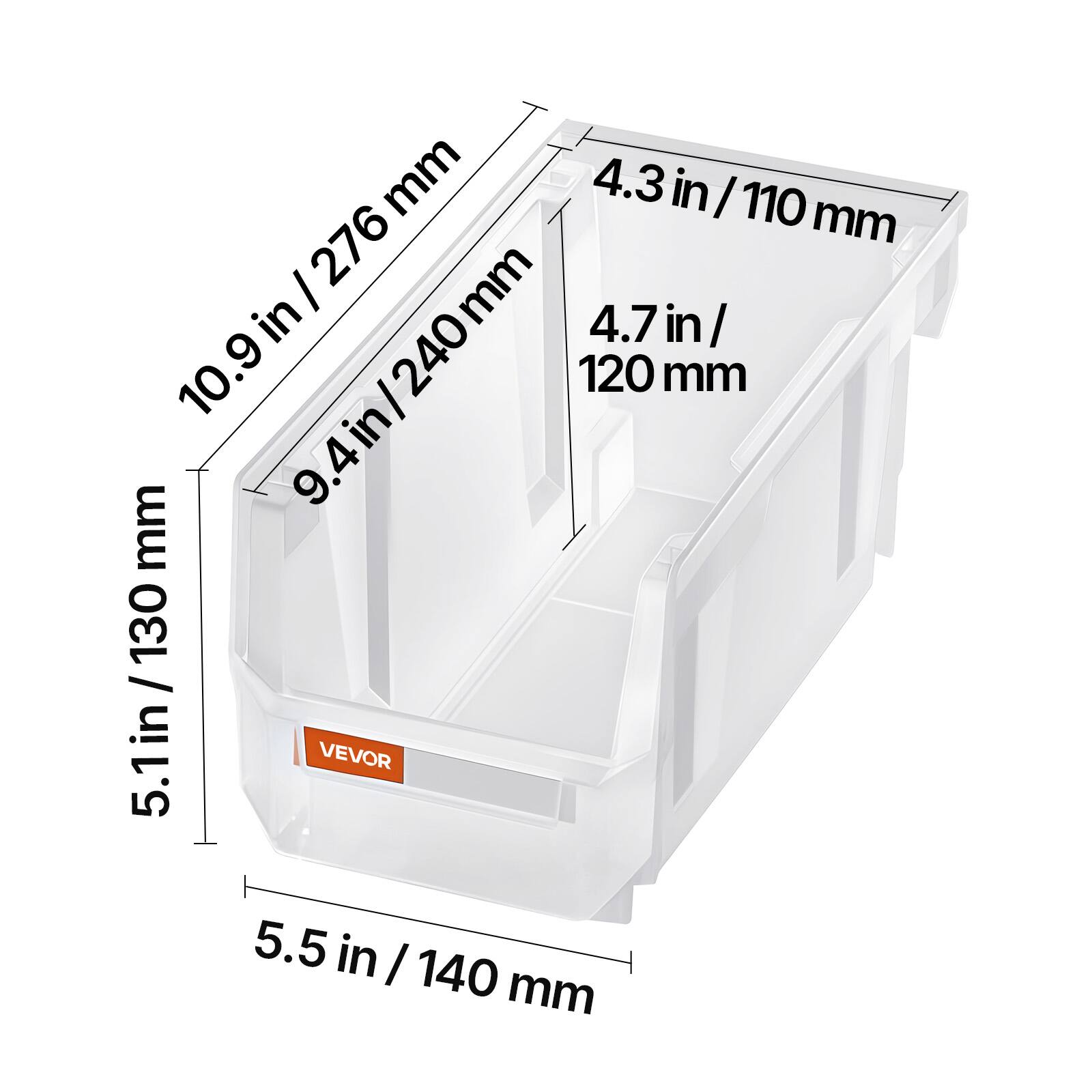 Sure, here is the corrected and grouped text from the image:

- 4.3 in / 110 mm
- 4.7 in / 120 mm
- 9.4 in / 240 mm
- 10.9 in / 276 mm
- 5.1 in / 130 mm
- 5.5 in / 140 mm

VEVOR