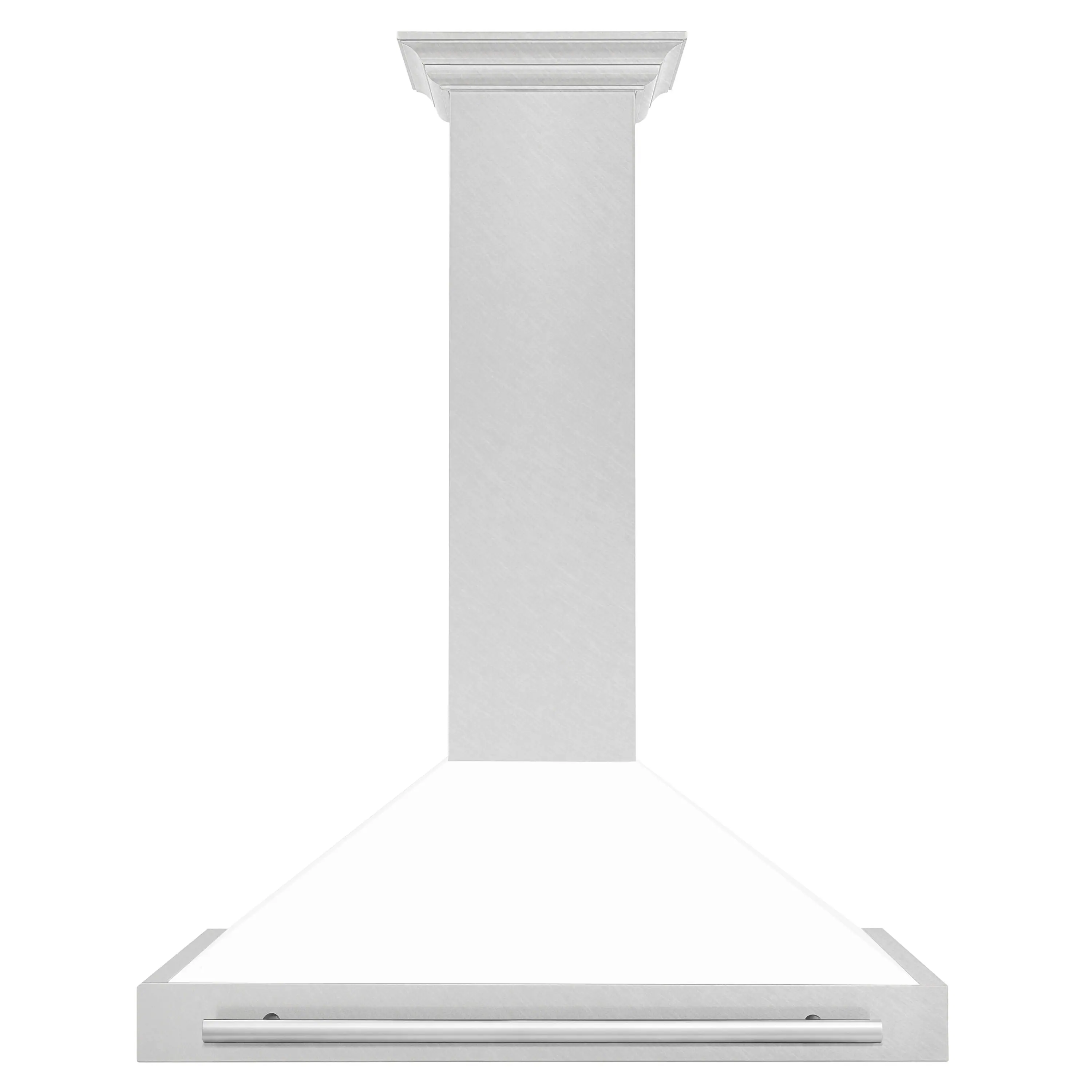 Front. ZLINE - 36 in. Convertible Satin Steel Wall Mount Range Hood with White Shell and Steel Handle - White matte.