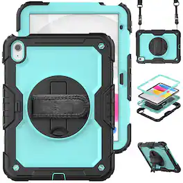Dteck - For Apple iPad 11"(A16 chip 2025)&iPad 10th 2022 Three-Layer Kickstand Shoulder Strap Case Built-in Screen Protector - Mint+Black