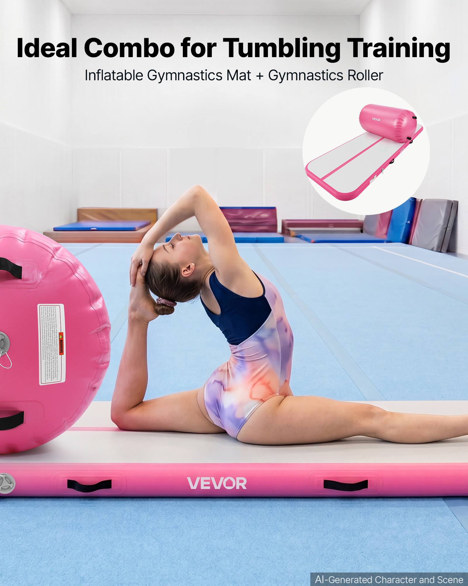 Ideal Combo for Tumbling Training  
Inflatable Gymnastics Mat + Gymnastics Roller  

VEVOR  

AI-Generated Character and Scene