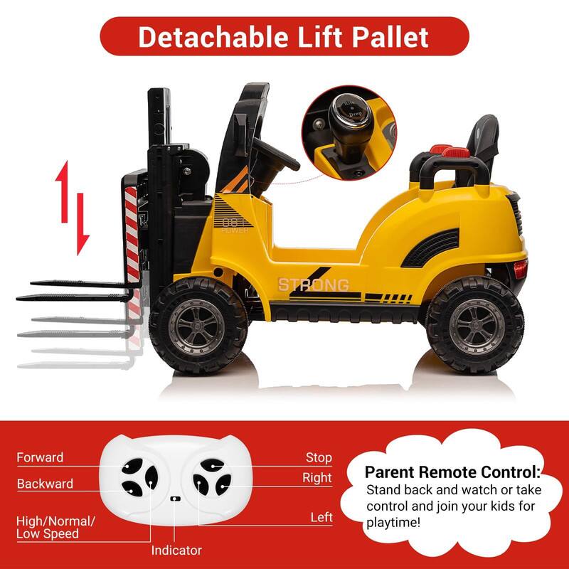 Detachable Lift Pallet

1. Detachable Lift Pallet

Parent Remote Control:
Stand back and watch or take control and join your kids for playtime!

Forward
Backward
High/Normal/Low Speed Indicator
Stop
Right
Left