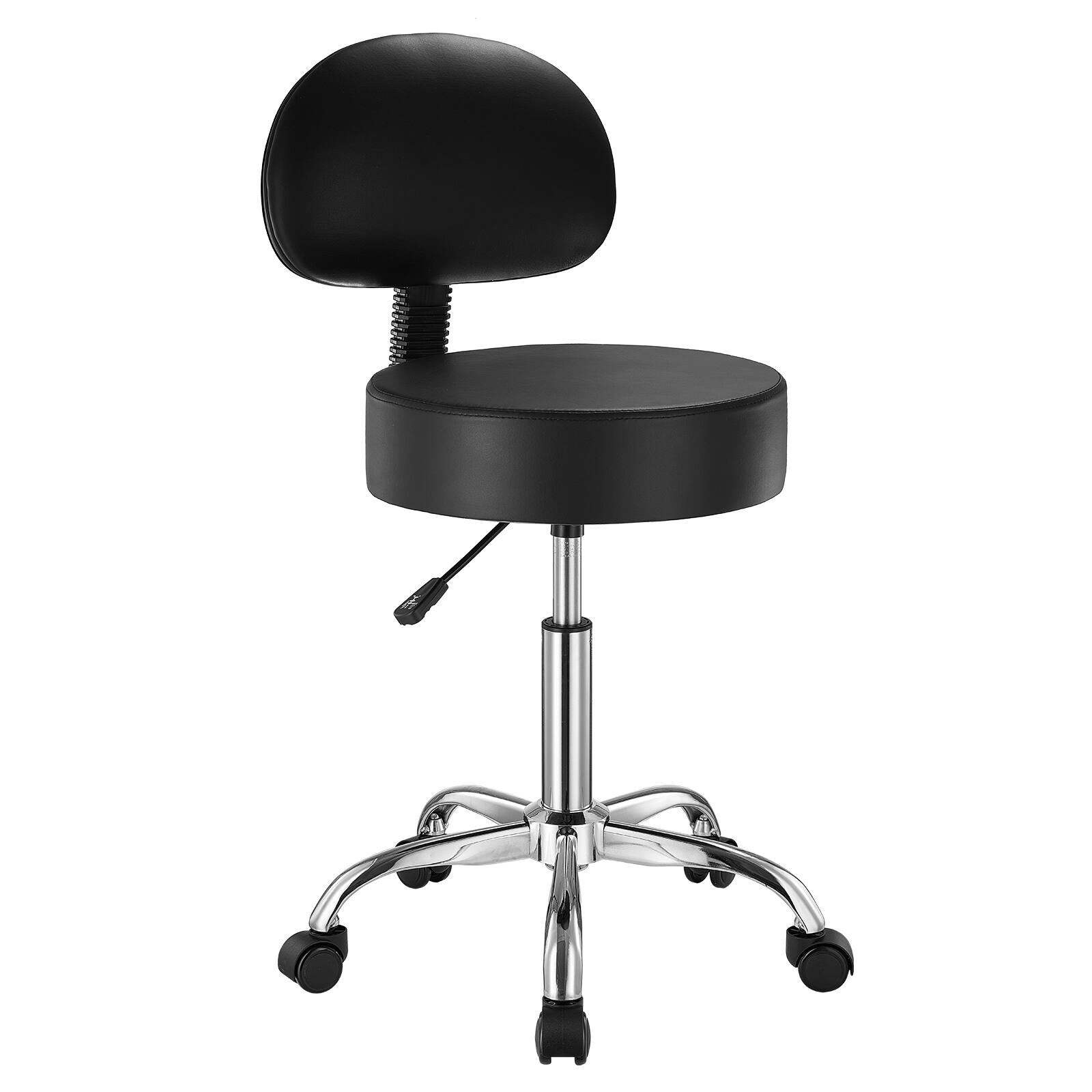 Front. VEVOR - Rolling Stool with Back Support and Wheels, 450 LBS Weight Capacity Round Rolling Stool Chair - Black.