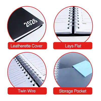 2026 Notes  
- Leatherette Cover  
- Lays Flat  
- Twin Wire  
- Storage Pocket