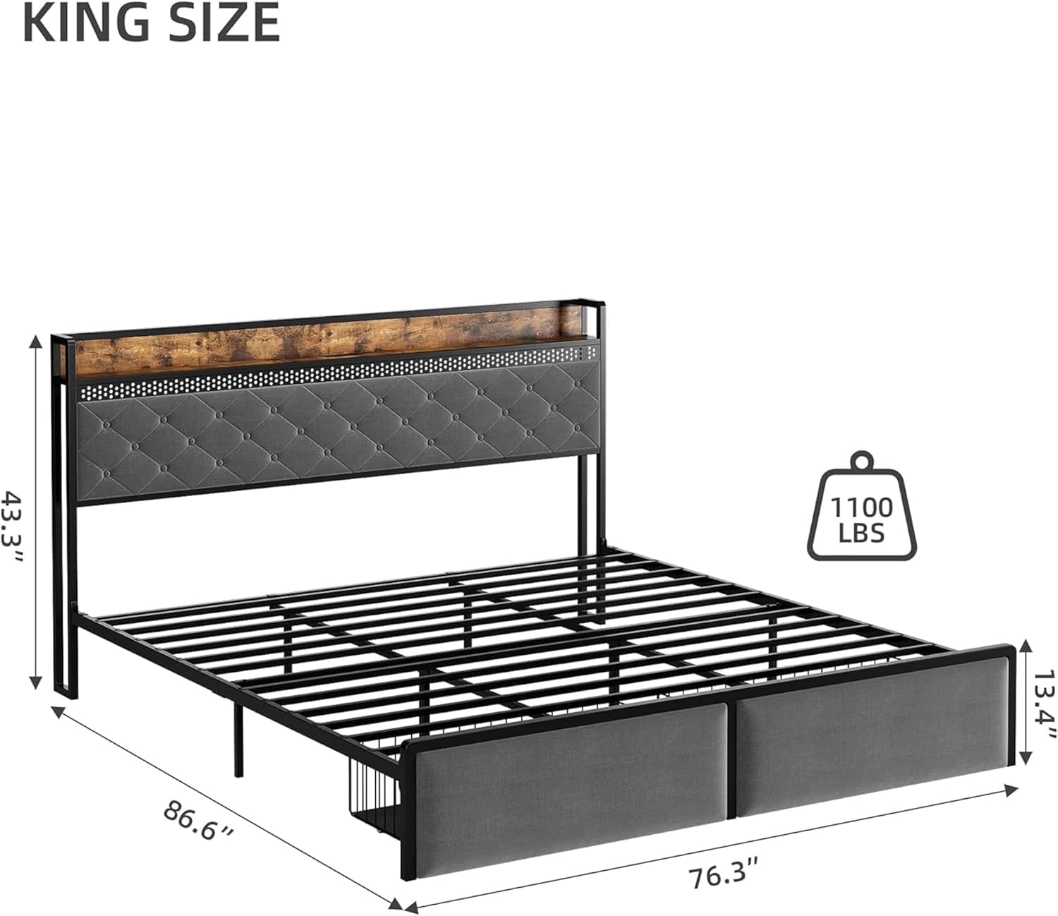 KING SIZE

43.3" x 86.6" x 76.3" x 13.4"

1100 LBS