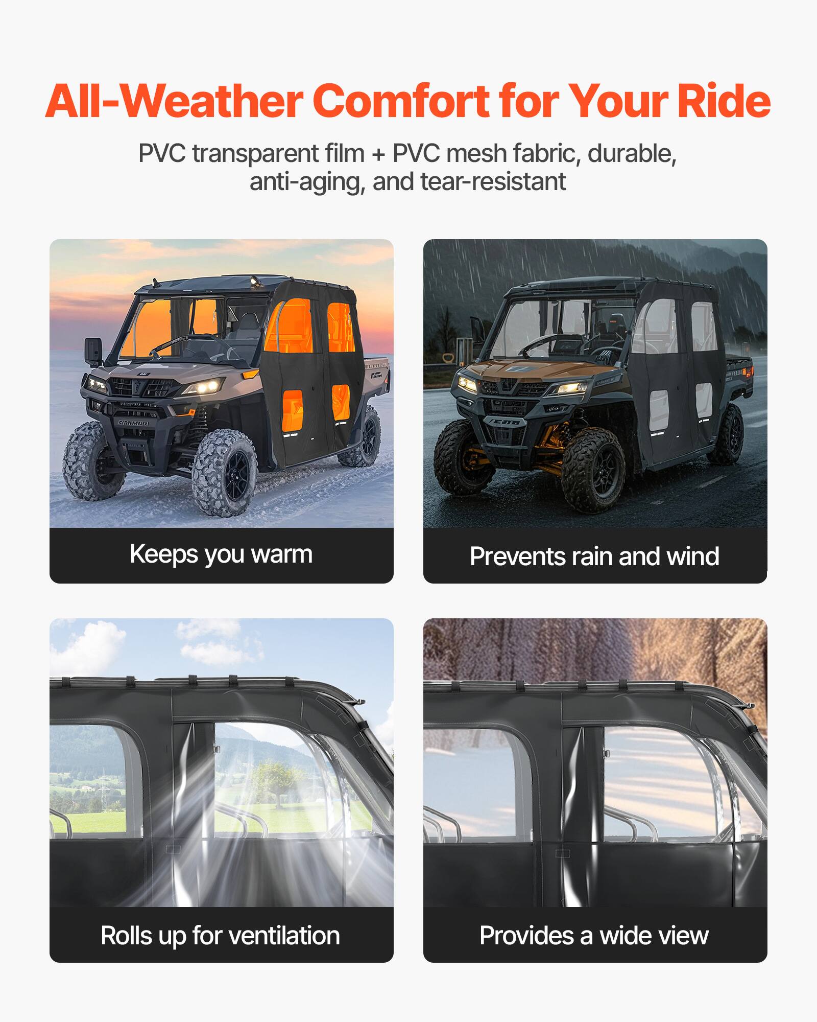 All-Weather Comfort for Your Ride

PVC transparent film + PVC mesh fabric, durable, anti-aging, and tear-resistant

- Keeps you warm
- Prevents rain and wind
- Rolls up for ventilation
- Provides a wide view