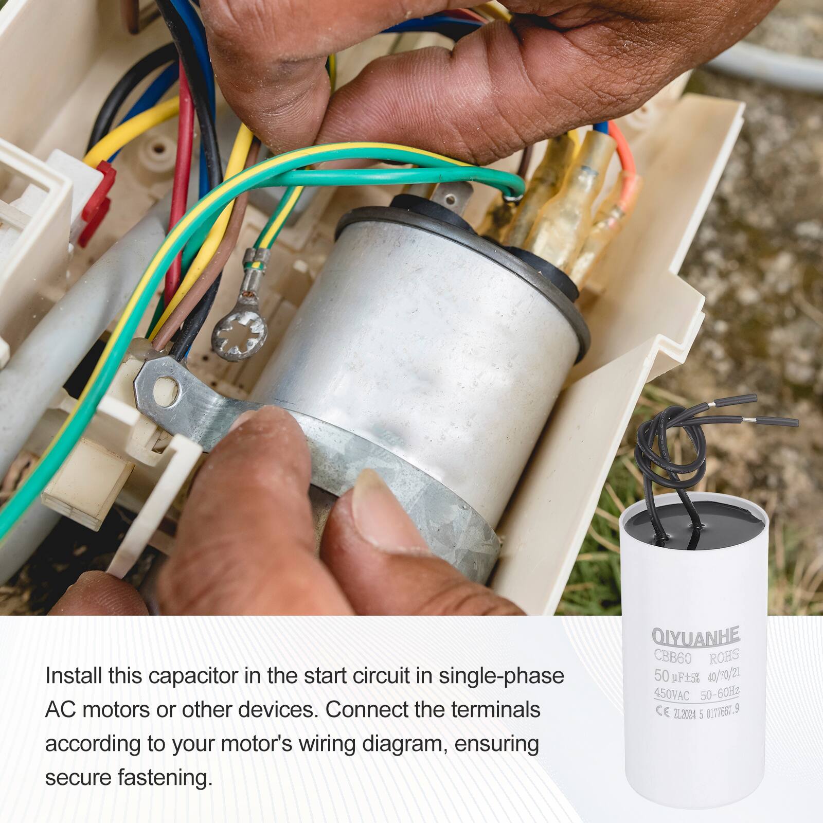 Install this capacitor in the start circuit in single-phase AC motors or other devices. Connect the terminals according to your motor's wiring diagram, ensuring secure fastening.

QIYUANHE CBB60 ROHS 50 F5% 40/70/21 450VAC 50-60Hz CE 0177667 Z2024