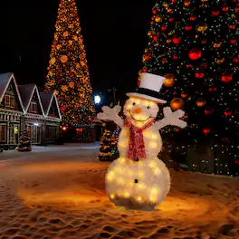 Oumilen - Pre‑Lit Flocked Snowman Yard Decoration – 37.2in Lighted Snowman with Top Hat & Red Scarf for Outdoor Lawn