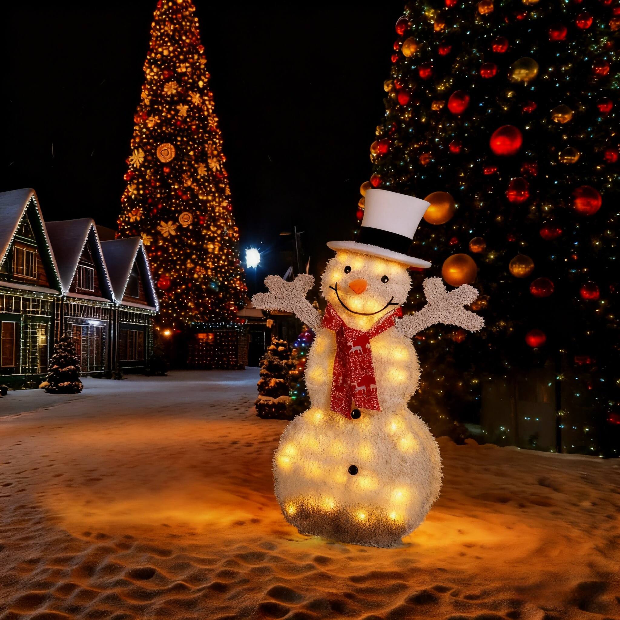Front. Oumilen - Pre‑Lit Flocked Snowman Yard Decoration – 37.2in Lighted Snowman with Top Hat & Red Scarf for Outdoor Lawn.