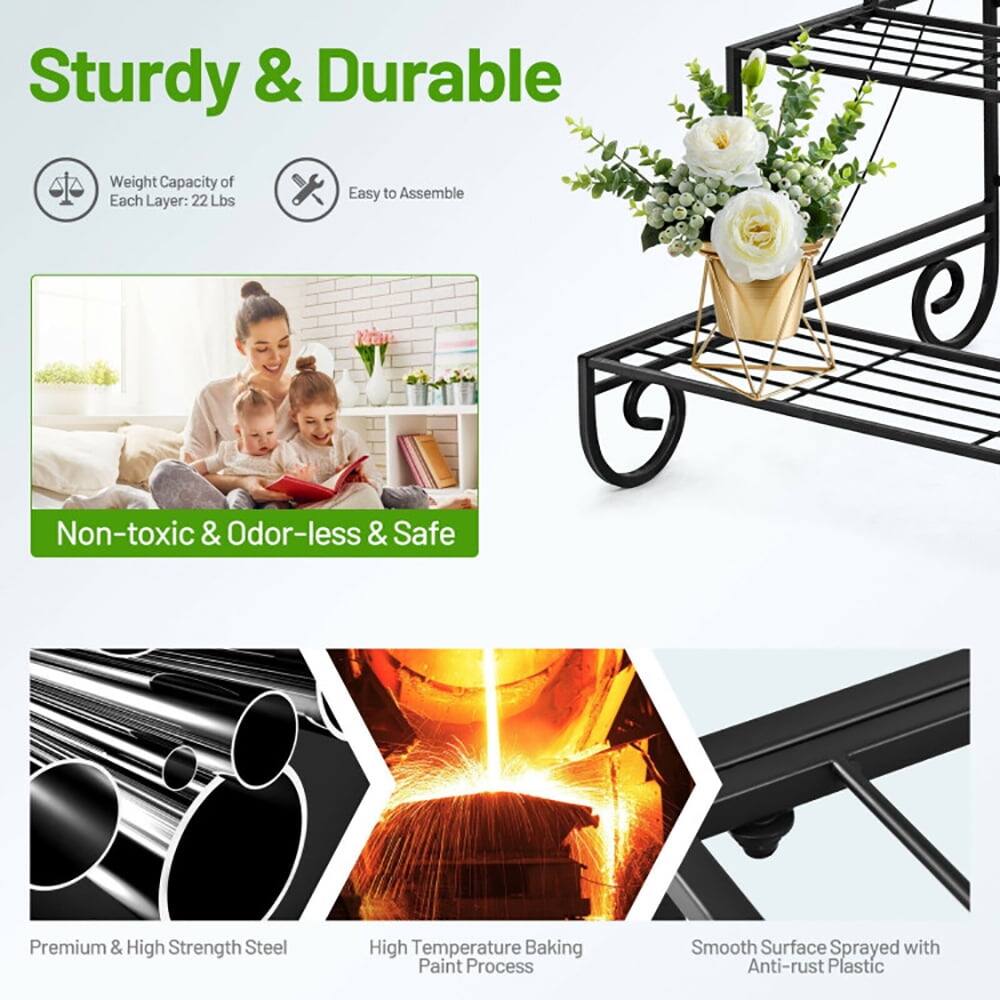 Sturdy & Durable  
Weight Capacity of Each Layer: 22 Lbs  
Easy to Assemble  
Non-toxic & Odor-less & Safe  
Premium & High Strength Steel  
High Temperature Baking Paint Process  
Smooth Surface Sprayed with Anti-rust Plastic