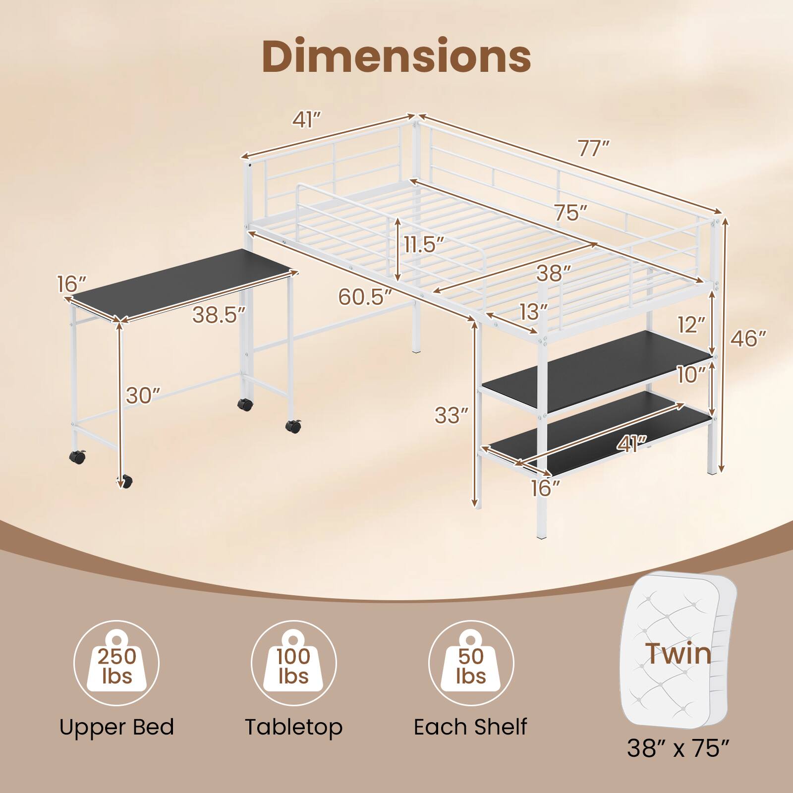Dimensions: 41" x 77" x 16" x 30" x 38.5" x 11.5" x 60.5" x 33" x 75" x 38" x 13" x 41" x 12" x 10" x 46" x 16" x 250 lbs x 100 lbs x 50 lbs

Twin Upper Bed Tabletop Each Shelf: 38" x 75"