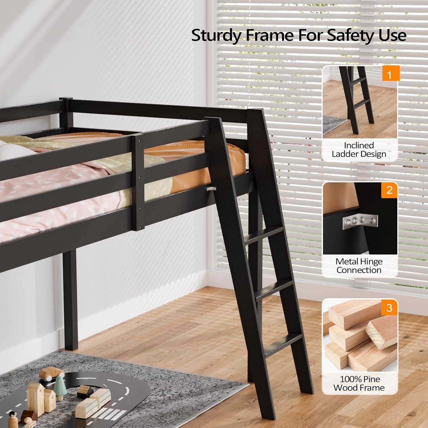 Sturdy Frame For Safety Use  
1. Inclined Ladder Design  
2. Metal Hinge Connection  
3. 100% Pine Wood Frame