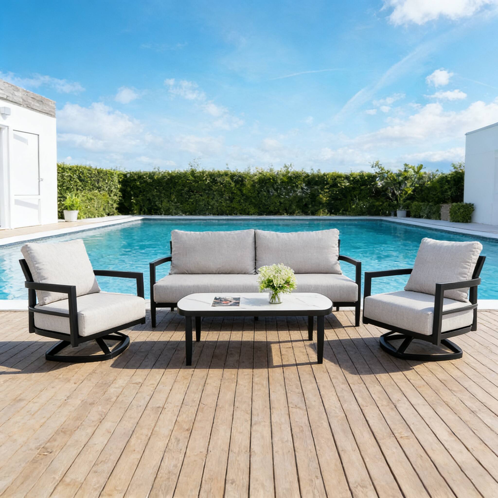 Left. Mondawe - 4-Piece Outdoor Conversation Set with Swivel Chair, Bench Sofa, Marble-Inspired Table and Sunbrella Cushions - Ember Black+Grey.