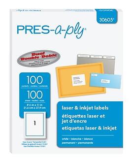 Pres-a-ply - Laser/Inkjet Shipping Labels, 8-1/2" x 11", 100 Labels/Box - White